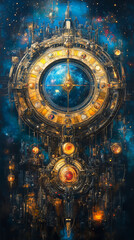 Obraz premium A complex steampunk clockwork device against a starry backdrop..