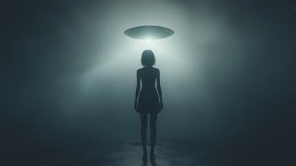Obraz premium Silhouette of woman standing beneath a hovering UFO.