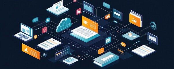 Detailed image showcasing digital document management in a futuristic virtual network, with visual representations of documents, clouds, and seamless connectivity