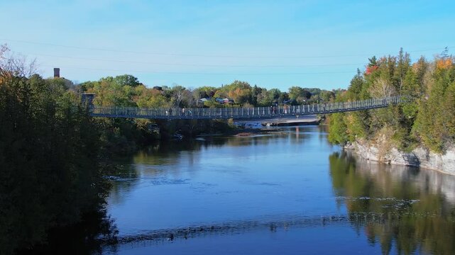 Ranney Gorge Suspension Bridge in Campbellford, part of the Great Trail. Longest recreational trail in the world. Trent River below and Ranney Falls to the north. Ferris Provincial Park Entrance.