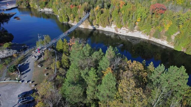 Ranney Gorge Suspension Bridge in Campbellford, part of the Great Trail. Longest recreational trail in the world. Trent River below and Ranney Falls to the north. Ferris Provincial Park Entrance.