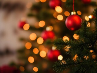 Christmas tree adorned with sparkling ornaments and glowing bokeh lights set against a vibrant red background, festive, bokeh lights
