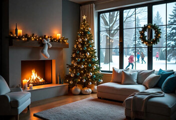 Fototapeta premium fireplace with christmas decorations