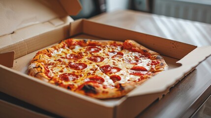 Pizza delivery box open, showing a perfectly cooked pizza inside