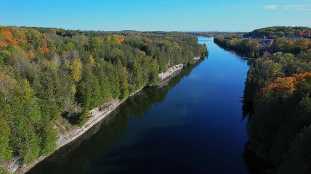 Aerial view from above at south of Trent River in Campbellford town. Trent River in southeastern Ontario flows from Rice Lake into the Bay of Quinte on Lake Ontario. Trent-Severn Waterway.