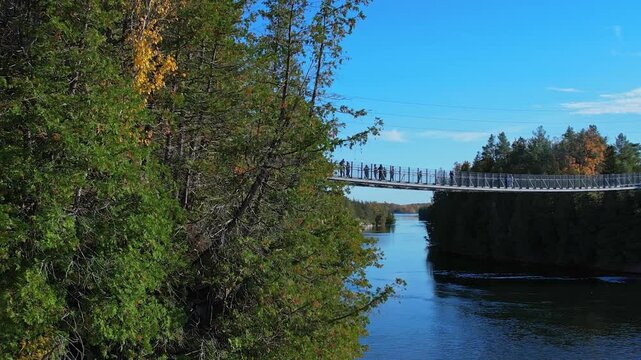 Ranney Gorge Suspension Bridge in Campbellford, part of the Great Trail. Longest recreational trail in the world. Trent River below and Ranney Falls to the north. Ferris Provincial Park Entrance.