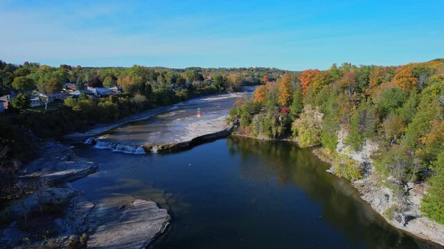 Aerial view from above at north of Trent River falls in Campbellford town. Trent River in southeastern Ontario flows from Rice Lake into the Bay of Quinte on Lake Ontario. Trent-Severn Waterway.