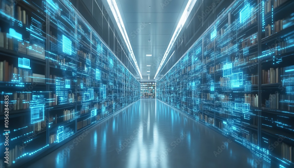 Poster Engaging 3D visualization of a digital document management interface within a virtual network, emphasizing the organization, retrieval, and sharing of digital files