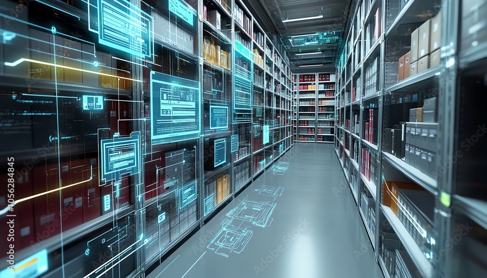 Poster Engaging 3D visualization of a digital document management interface within a virtual network, emphasizing the organization, retrieval, and sharing of digital files