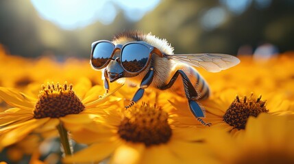 Bee with sunglasses on yellow flower, fun and playful concept in nature, close-up on pollinator, sunny summer day, insect and flower interaction