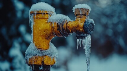 Frozen outdoor water faucet covered in ice, close-up on winter freeze, plumbing and cold weather effects, icy faucet, seasonal change, winter weather challenges