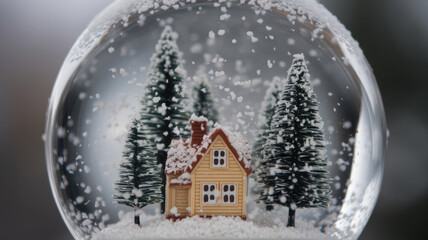 A charming miniature house surrounded by evergreen trees, enclosed in a snow globe, encapsulating a serene winter ambiance with falling snowflakes.