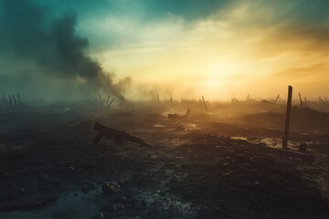 Obraz premium Whispers of Loss: A Sunlit Battlefield Echoes of Desolation and Recent Conflict