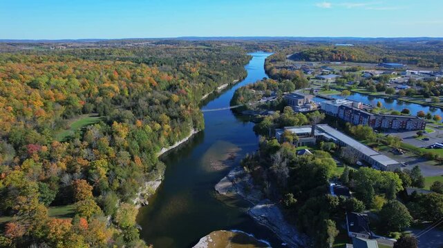 Aerial view from above at Ranney Gorge Suspension Bridge in Campbellford, part of the Great Trail. Longest recreational trail in the world. Trent River below and Ranney Falls to the north. Ferris Park