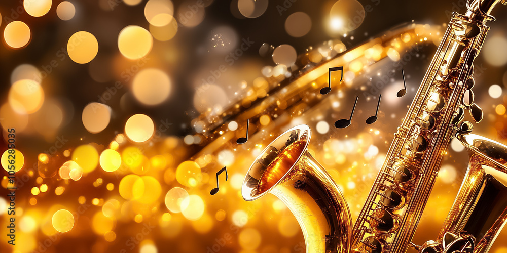 Poster notes swirl in the air as a saxophone shines, evoking an enchanting ambience filled with rhythm and 