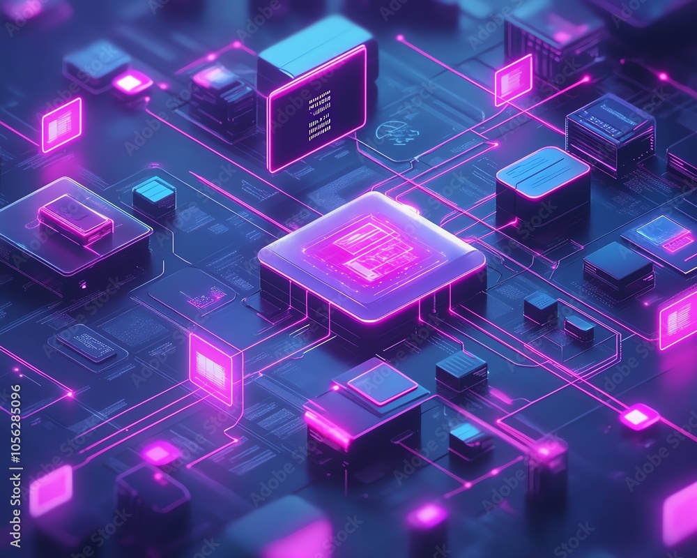 Poster Innovative 3D visualization of a virtual network dedicated to digital document management, featuring interconnected files, secure cloud storage, and realtime collaboration tools