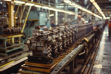 A busy factory floor features an assembly line where several engine components are being worked on. Workers are engaged in precise tasks, highlighting the manufacturing process