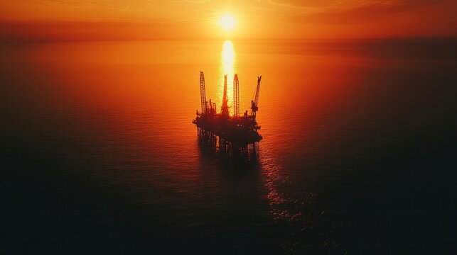 An aerial photograph of an oil and gas industry silhouette offshore jack-up drilling rig at sunset
