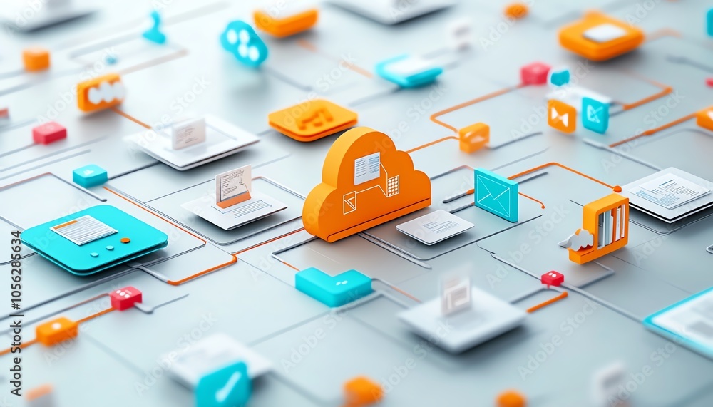 Poster Captivating 3D rendering of a virtual network showcasing digital document management, with interactive icons representing documents, clouds, and data sharing capabilities