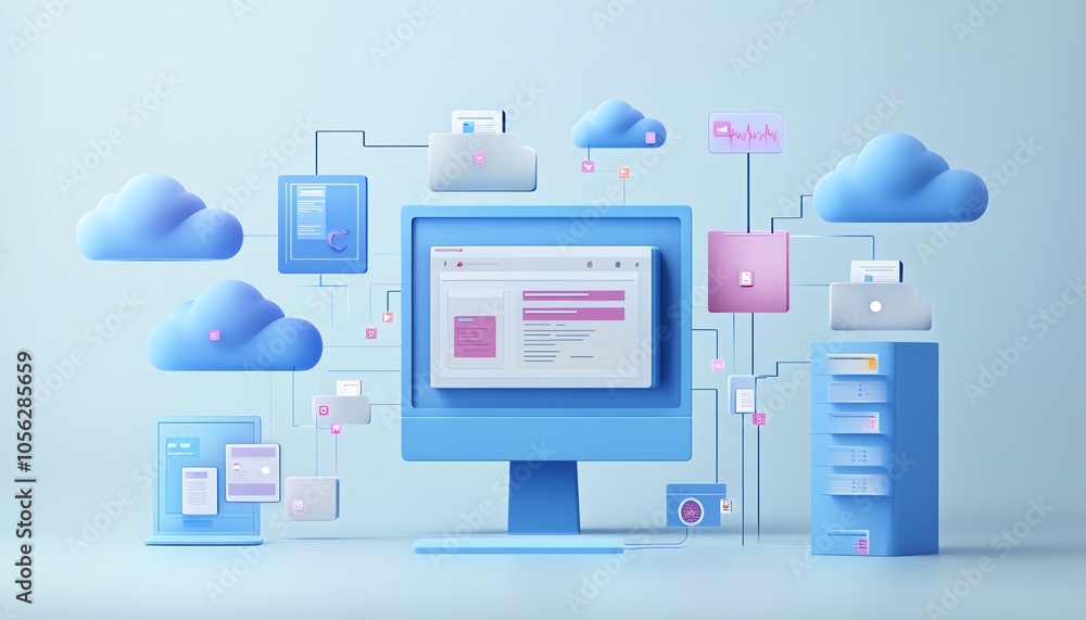 Aufkleber Captivating 3D rendering of a virtual network showcasing digital document management, with interactive icons representing documents, clouds, and data sharing capabilities