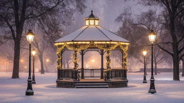 A beautifully illuminated gazebo in a snowy landscape, surrounded by street lamps casting a warm glow, creating a serene winter wonderland atmosphere.