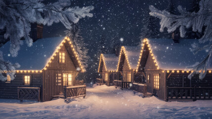 Fototapeta premium Charming wooden cabins adorned with glowing lights during a snowy winter night, creating a cozy and festive atmosphere.