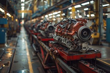 Numerous engines are lined up on an assembly platform in a manufacturing plant, showcasing the intricate mechanics and engineering involved in production