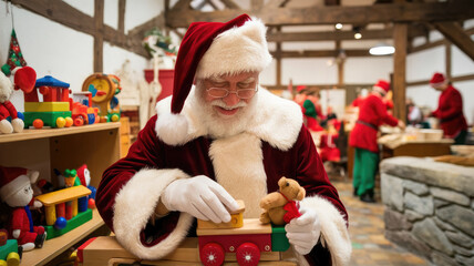 A joyful older Caucasian man dressed as Santa Claus, smiling while crafting toys in a festive workshop filled with cheerful holiday decorations.