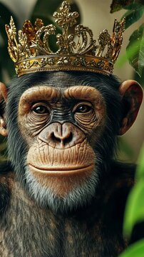 Majestic chimpanzee wearing golden crown