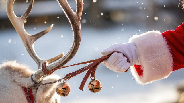 A close-up of a person in a red Santa suit holding the reins of a reindeer adorned with bells, set against a snowy backdrop, creating a festive holiday atmosphere.
