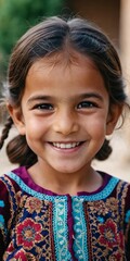 Obraz premium A young cute girl 5 years old from Afghanistan in national clothing smiles, showcasing her traditional attire, her expressive eyes reflecting her surroundings and culture. Generative AI