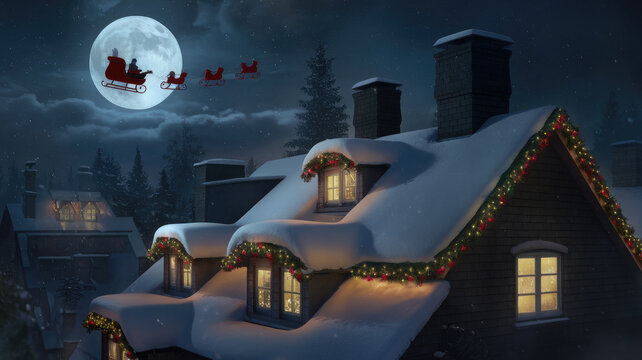 A cozy winter scene featuring a Christmas Eve view of a snow-covered house with twinkling lights, as Santa in his sleigh glides through the night sky under a bright full moon.