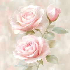 Obraz premium Two soft pink roses with a bud against a light background, conveying beauty and tranquility.