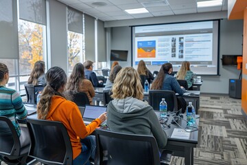 A group of students attentively listens to a presentation in a well-lit, modern classroom. Laptops are open, and the atmosphere is focused on learning