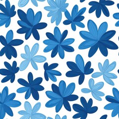 A vibrant pattern featuring various blue flowers on a white background, creating a fresh and appealing design.