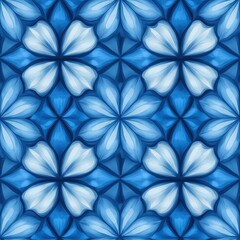 A vibrant blue floral pattern featuring symmetrical white flowers arranged in a geometric design.