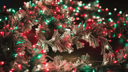 A close-up of festive red, green, and white holiday lights intertwined with frosted garland, creating a warm, cozy atmosphere perfect for the winter season.