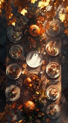 Thanksgiving feast setup with autumn leaves, pumpkins, and warm lighting, captured from above with blank area in the middle for text