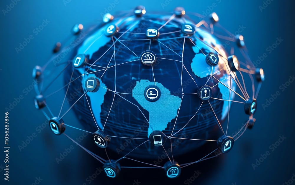 Poster captivating 3d rendering of a globe with interconnected digital user icons and lines