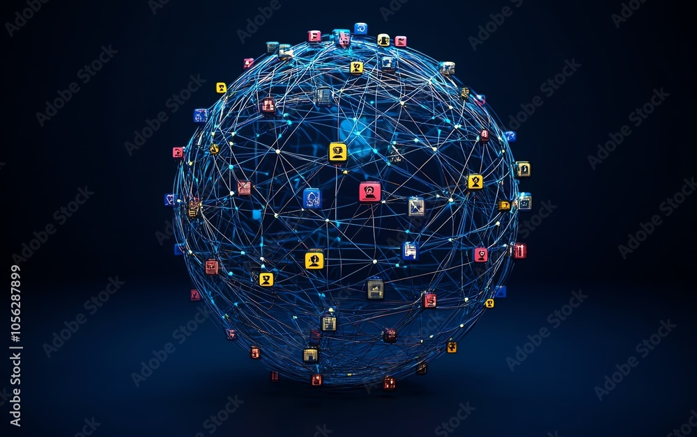 Poster captivating 3d rendering of a globe with interconnected digital user icons and lines