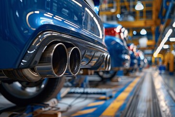 Obraz premium The assembly line showcases blue cars in production, highlighting detailed exhaust systems in a busy manufacturing plant