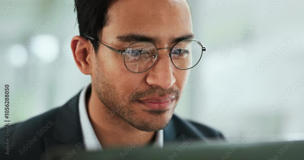 Poster reading, glasses and man in office with laptop checking email, schedule idea or online review for bu