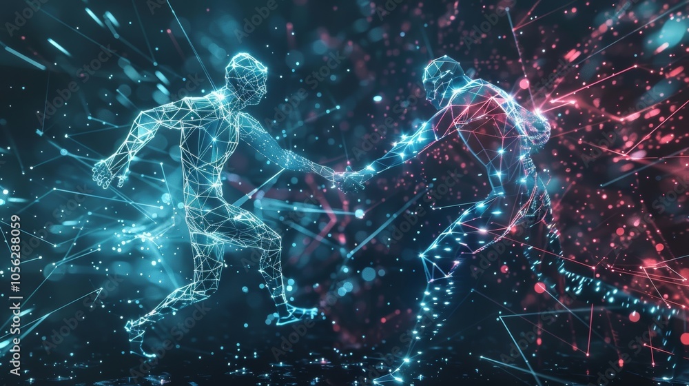 Poster two futuristic, polygonal, glowing humanoids are running and holding hands, symbolizing connection a