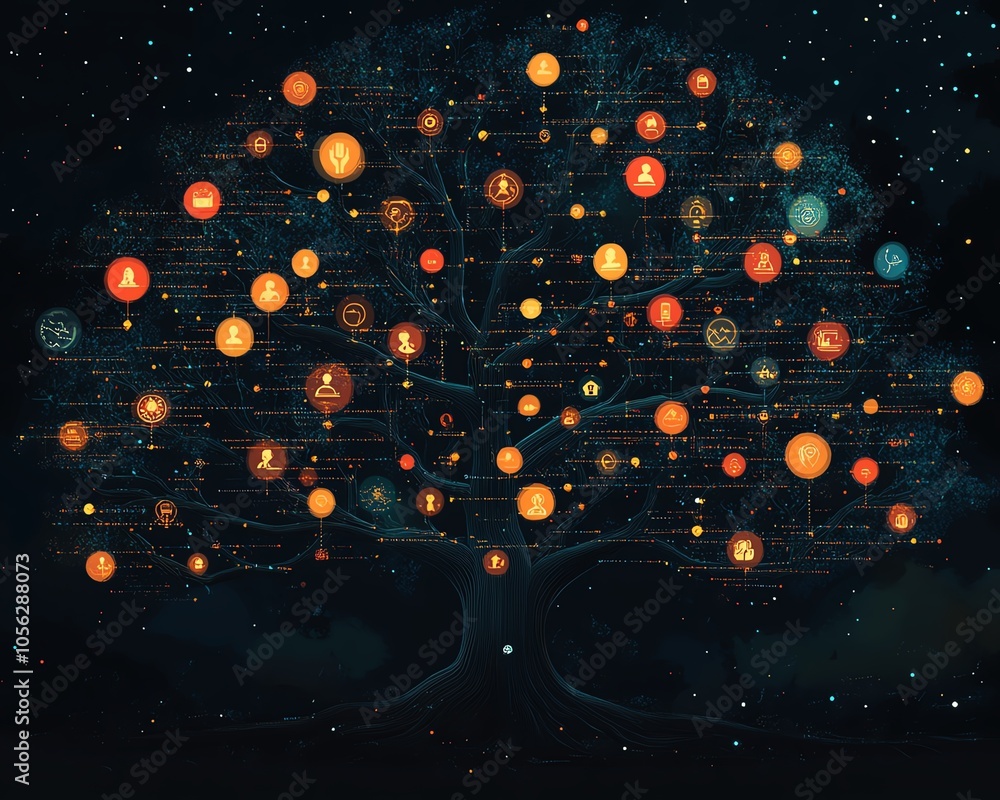 Aufkleber detailed image of a digital lineage tree adorned with user icons and speech bubbles
