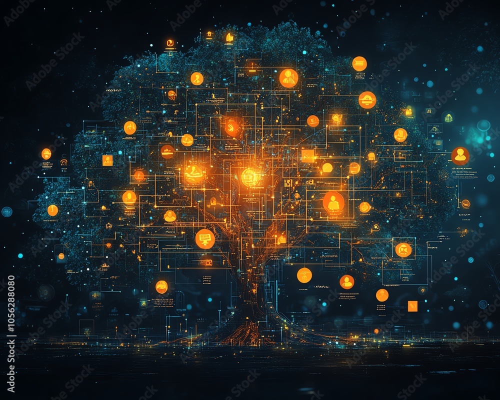 Poster detailed image of a digital lineage tree adorned with user icons and speech bubbles