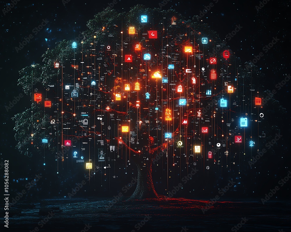 Poster detailed image of a digital lineage tree adorned with user icons and speech bubbles