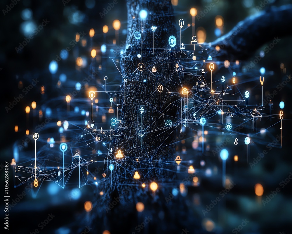 Poster detailed image of a digital lineage tree adorned with user icons and speech bubbles