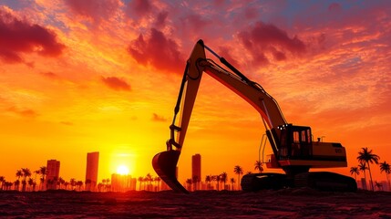 Construction Site at Sunrise with Heavy Machinery