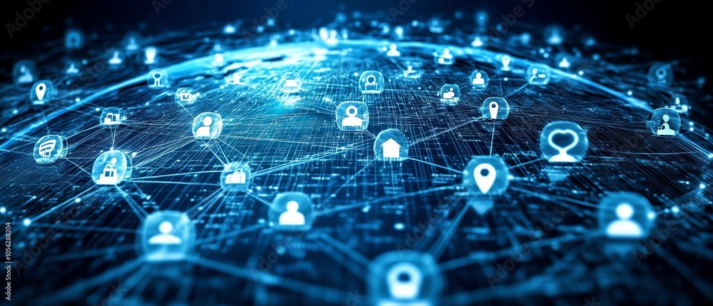 Poster dynamic 3d visualization of a globe showcasing interconnected digital user icons and lines, represen