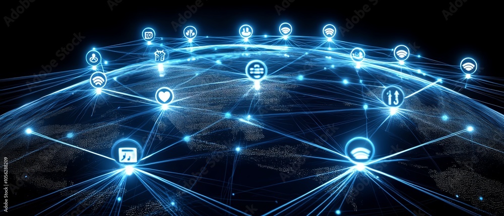 Poster dynamic 3d visualization of a globe showcasing interconnected digital user icons and lines, represen
